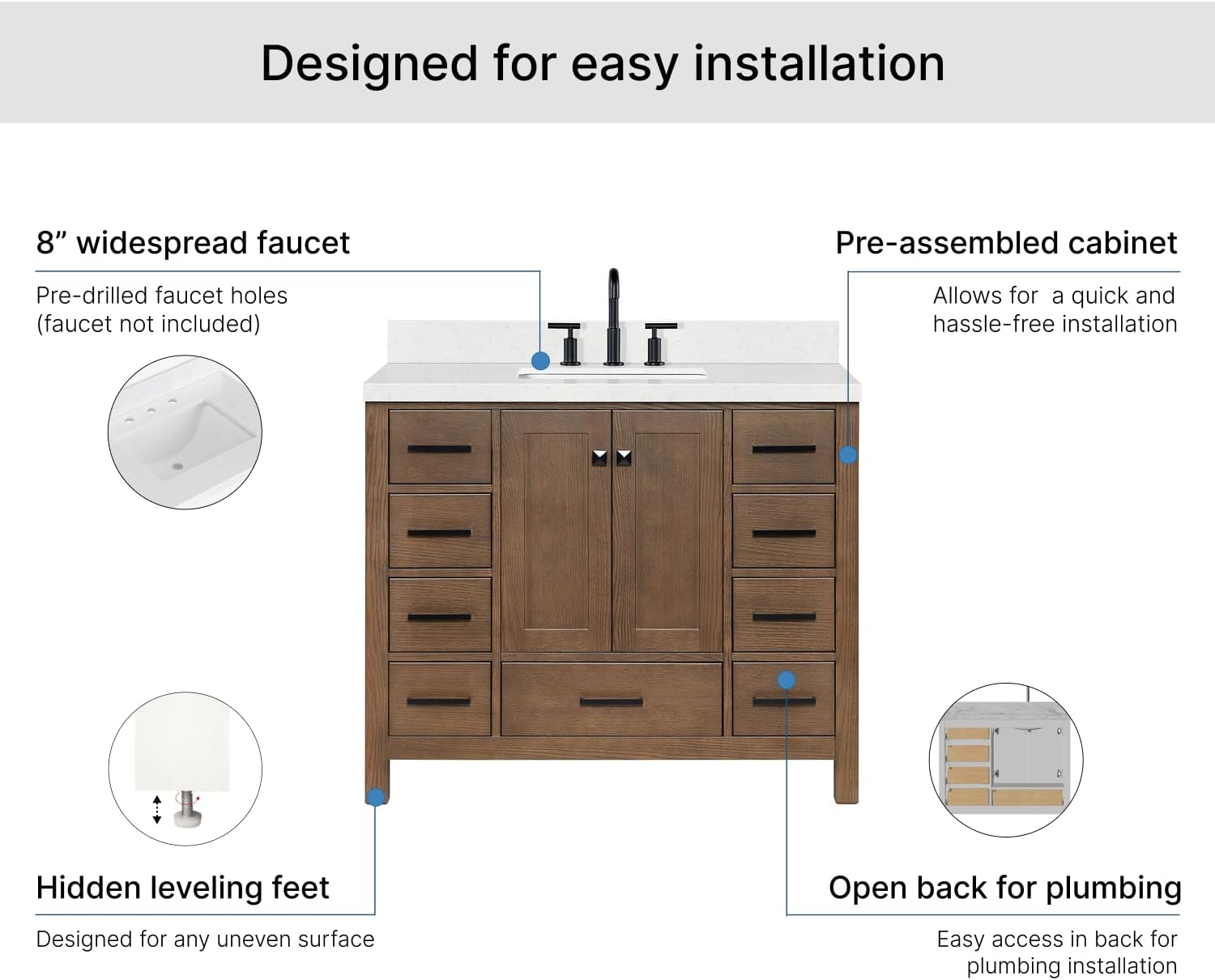 ARIEL Cambridge 42-inch Bathroom Vanity with Sink,Solid Wood, 1.5-inch Carrara White Quartz Countertop, Single Rectangular Porcelain Sink, 2 Soft Closing Doors, 9 Dovetail Drawers, Brown Oak