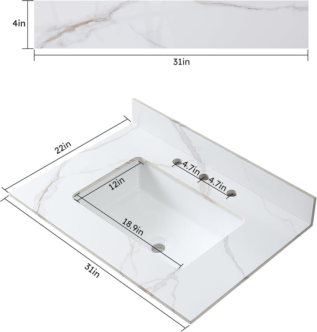 31 Inch Bathroom Vanity Top with Undermounted Large Ceramic Sink & Backsplash, Sintered Stone Artificial Marble Vanity Sink Tops with 3 hole, Carrara Gold