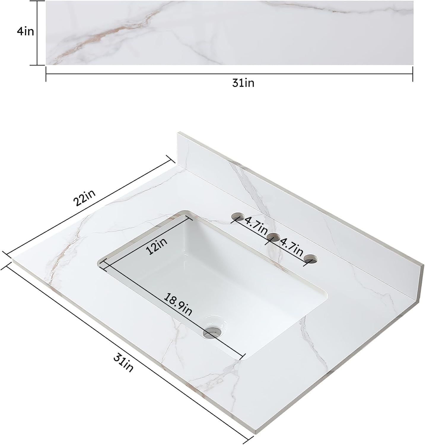 31 Inch Bathroom Vanity Top with Undermounted Large Ceramic Sink & Backsplash, Sintered Stone Artificial Marble Vanity Sink Tops with 3 hole, Carrara Gold