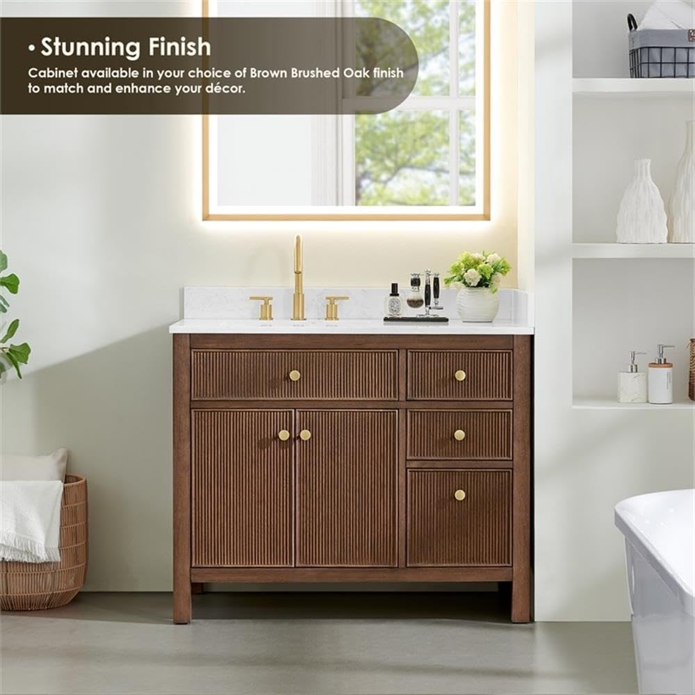 Pemberly Row 42' Bathroom Vanity, Solid Spruce Wood Cabinet, Grain Stone Countertop, Brown Oak Finish, 2 Fluted Doors, 4 Drawers, Ceramic Sink, Brushed Gold Hardware, Contemporary Style
