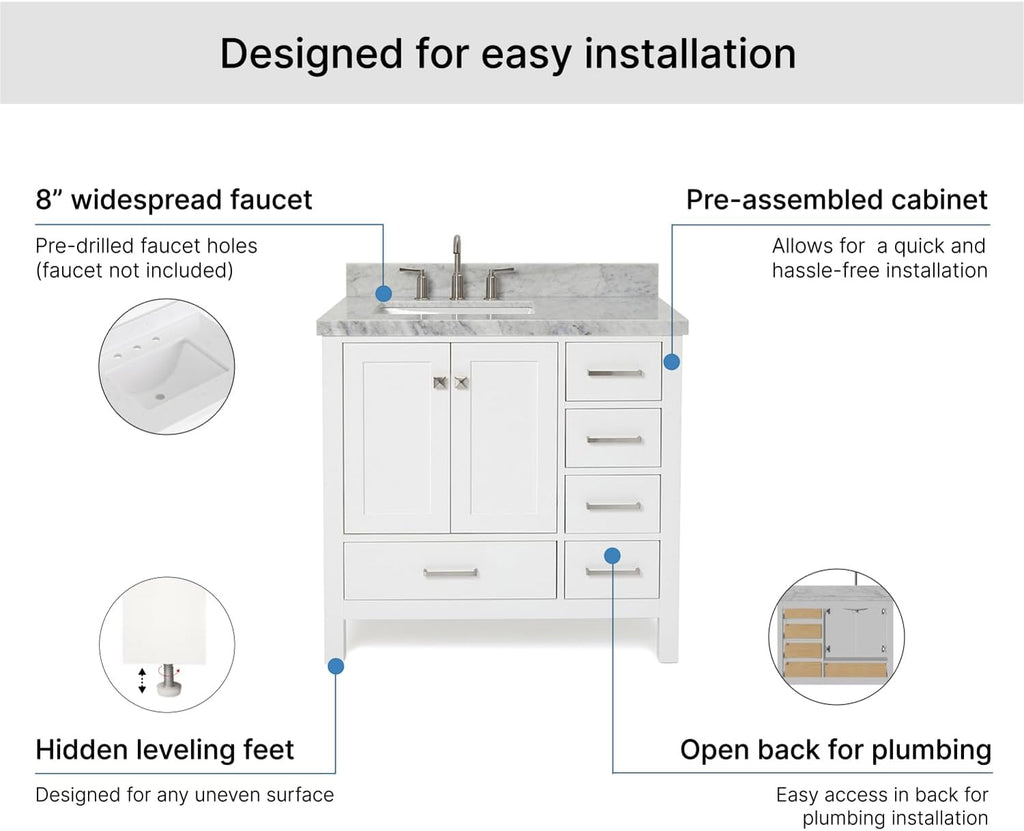 ARIEL Cambridge 36-inch Bathroom Vanity with Sink,Solid Wood, 1.5-inch Italian Carrara Marble Countertop, Single Rectangular Porcelain Sink, 2 Soft Closing Doors, 5 Dovetail Drawers, White