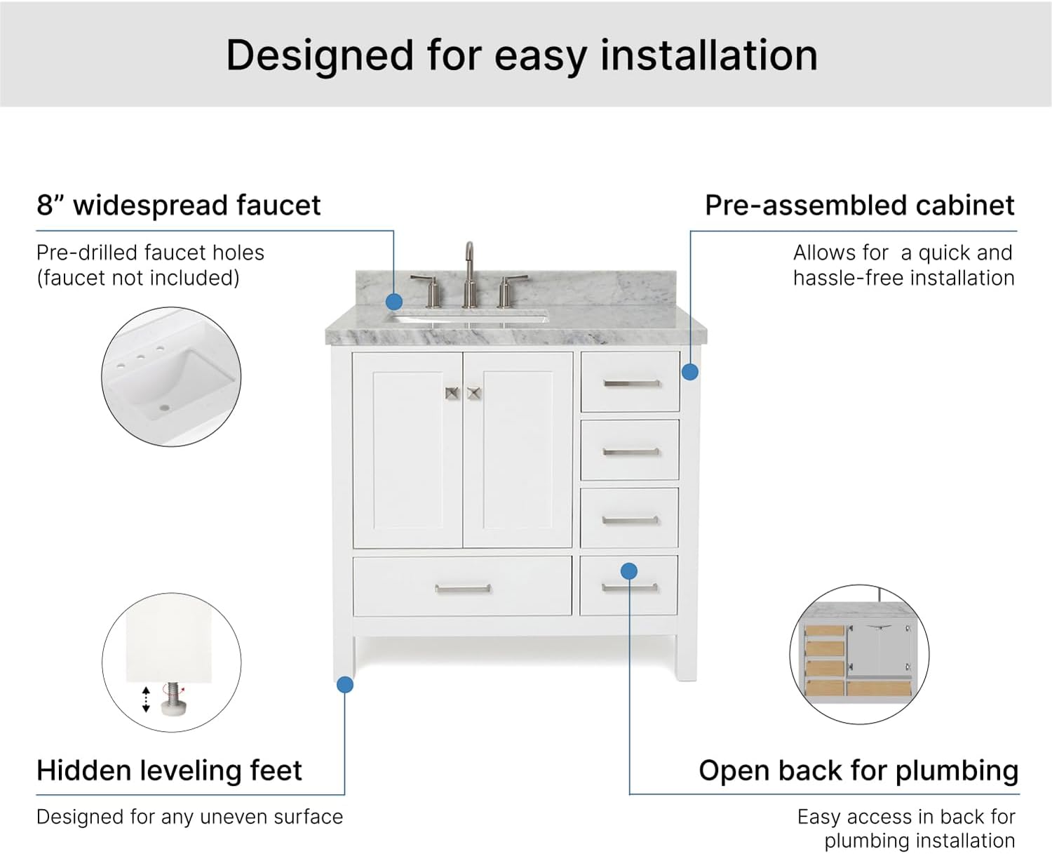 ARIEL Cambridge 36-inch Bathroom Vanity with Sink,Solid Wood, 1.5-inch Italian Carrara Marble Countertop, Single Rectangular Porcelain Sink, 2 Soft Closing Doors, 5 Dovetail Drawers, White