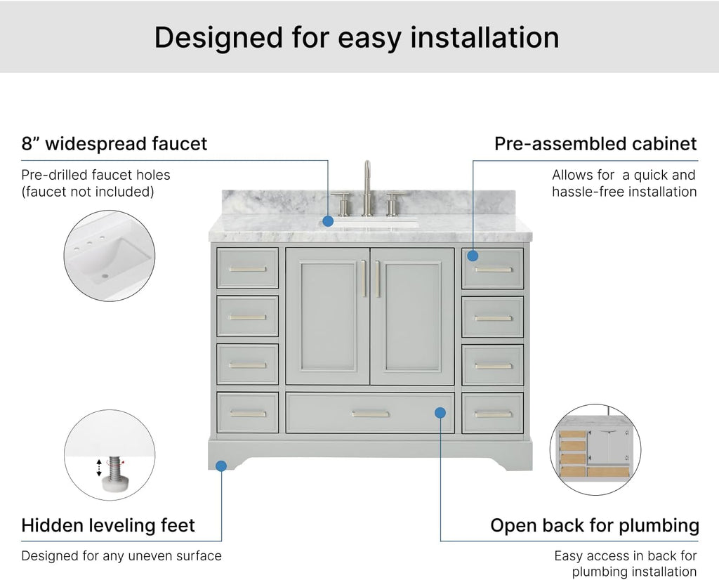 ARIEL Stafford 48-inch Bathroom Vanity with Sink,Solid Wood, 1.5-inch Italian Carrara Marble Countertop, Single Rectangular Porcelain Sink, 2 Soft Closing Doors, 9 Dovetail Drawers, Grey