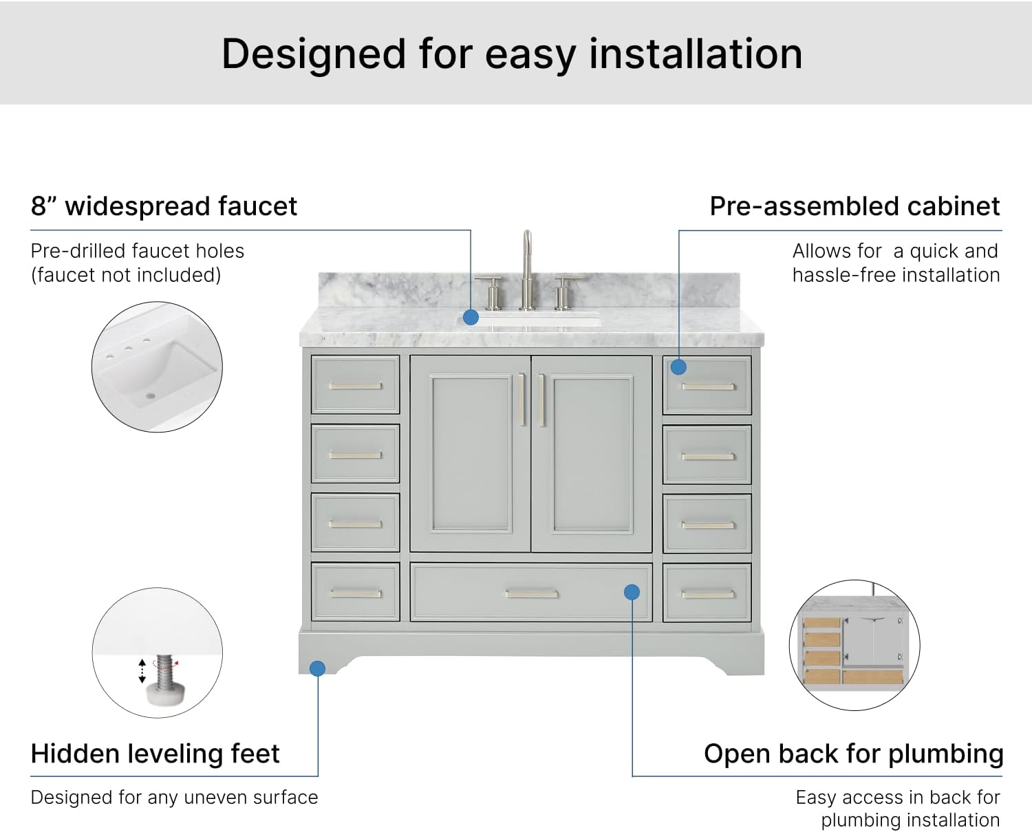 ARIEL Stafford 48-inch Bathroom Vanity with Sink,Solid Wood, 1.5-inch Italian Carrara Marble Countertop, Single Rectangular Porcelain Sink, 2 Soft Closing Doors, 9 Dovetail Drawers, Grey