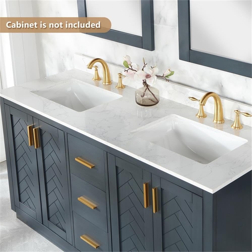 Pemberly Row 61' Engineered Stone Vanity Top, Grain White Finish, Double White Ceramic Sinks, Scratch-Resistant, Heat and Stain-Resistant, Includes Backsplash, Fits 60' Bathroom Vanity Cabinet