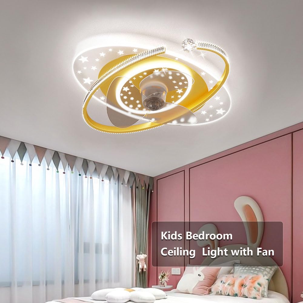 Indoor Kids Ceiling Fan with Lights Remote Dimmable 48W LED Ceiling Lights Fan Lighting Yellow Mute Ceiling Fans Indoor 6 Speeds Fan Ceiling with Light for Study Room Children's Bedroom