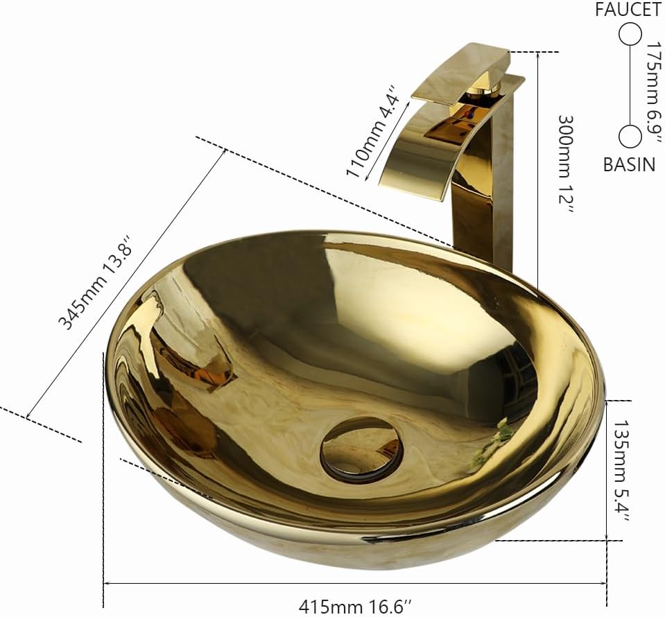 Oval Gold Vessel Sink with Faucet and Pop-Up Drain 17'x14' Bathroom Ceramic Basin Above Counter Bowl Sinks Thickened Compact Boat Shape Sinks for Small Bathrooms Vanities and Apartment Top