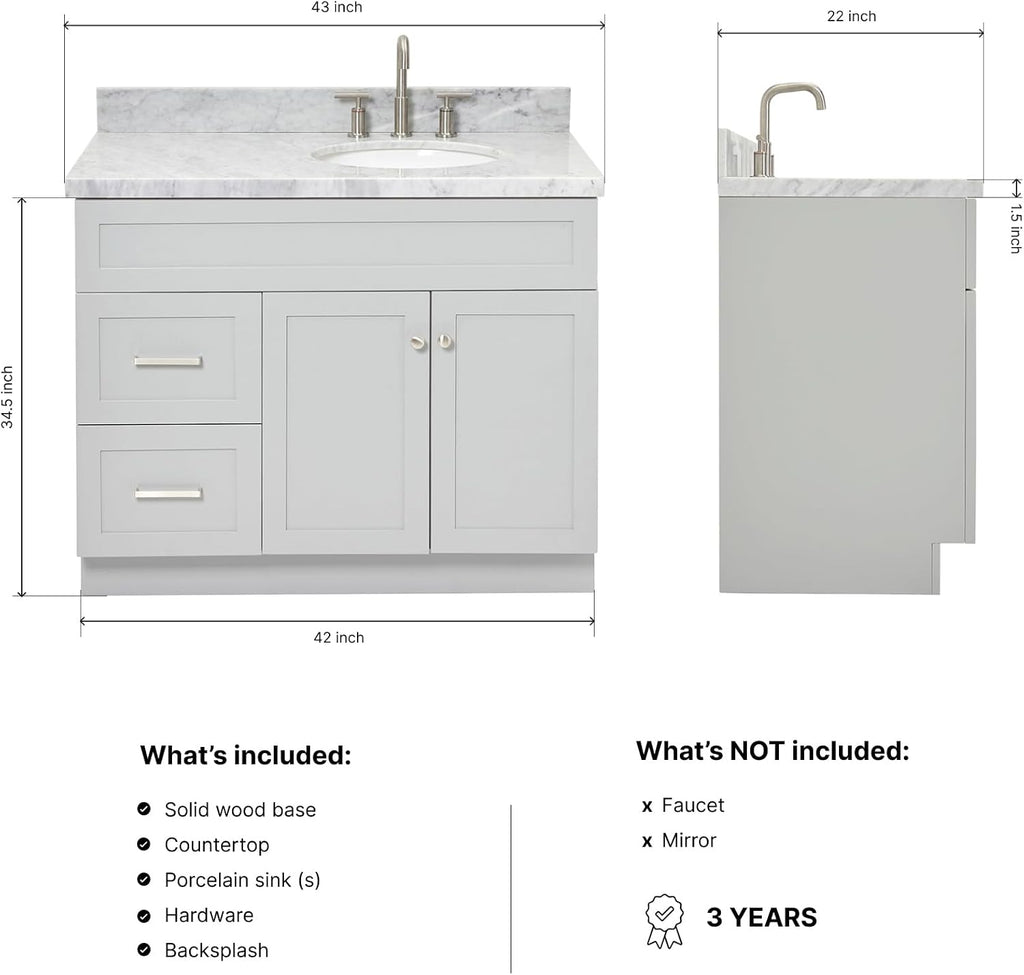 DKB Bradford 42' Grey Bathroom Vanity with Sink, 1.5' Edge Italian Carrara Marble Countertop, Oval Sink, 2 Soft Closing Doors, 2 Full Extension Dovetail Drawers, Brushed Nickel