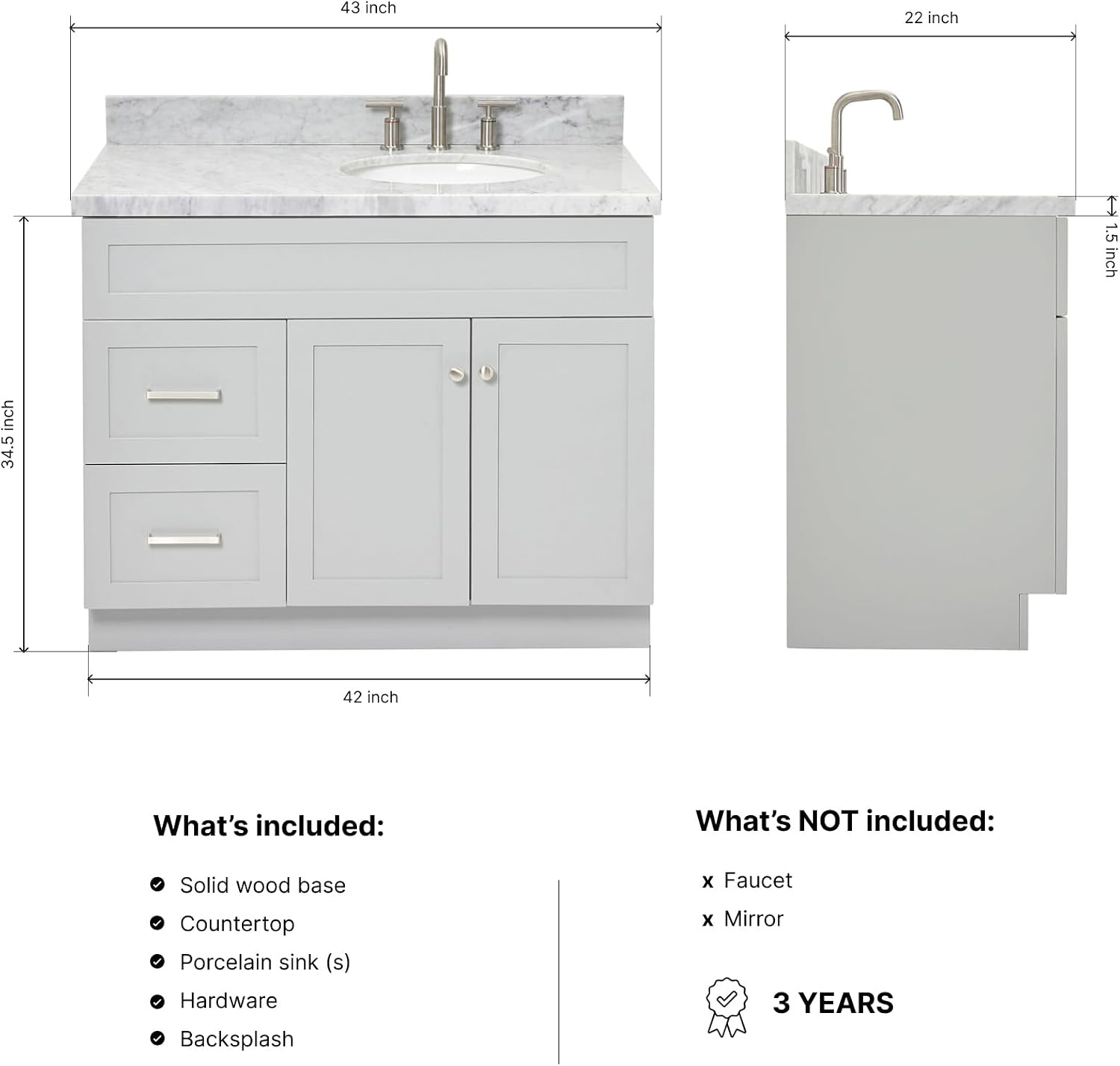 DKB Bradford 42' Grey Bathroom Vanity with Sink, 1.5' Edge Italian Carrara Marble Countertop, Oval Sink, 2 Soft Closing Doors, 2 Full Extension Dovetail Drawers, Brushed Nickel