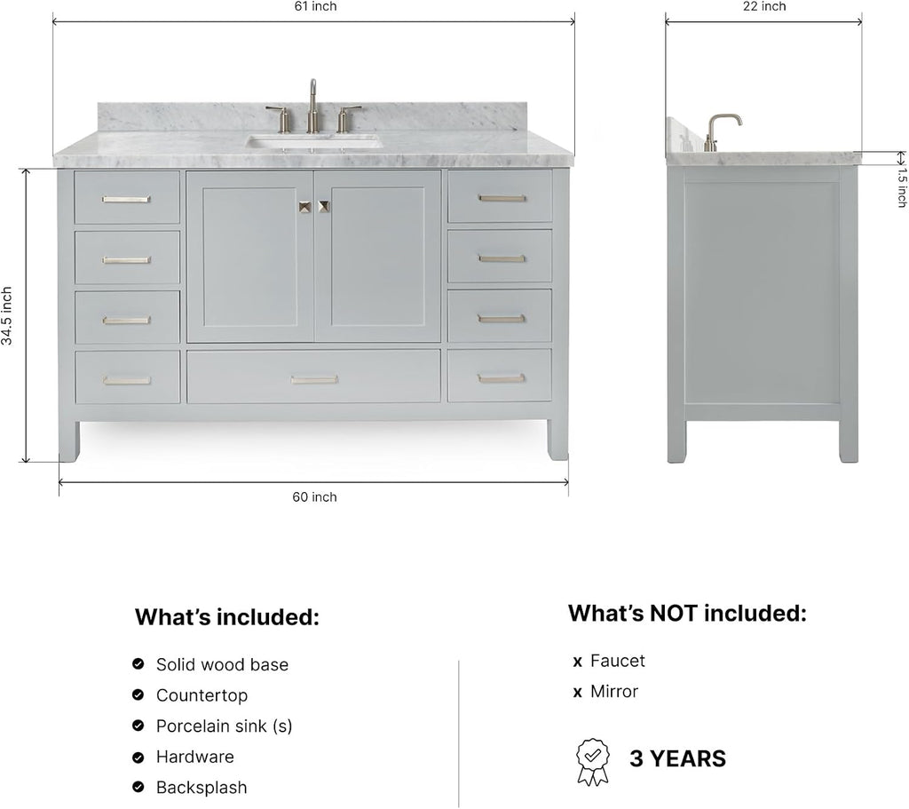 ARIEL Cambridge 60-inch Bathroom Vanity with Sink,Solid Wood, 1.5-inch Italian Carrara Marble Countertop, Single Rectangular Porcelain Sink, 2 Soft Closing Doors, 9 Dovetail Drawers, Grey