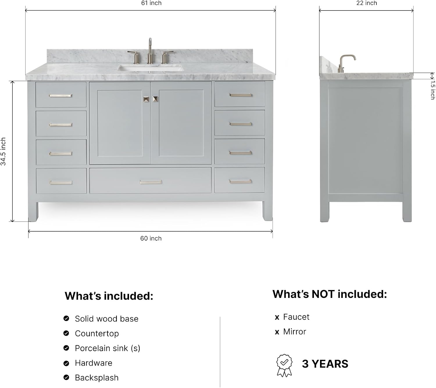 ARIEL Cambridge 60-inch Bathroom Vanity with Sink,Solid Wood, 1.5-inch Italian Carrara Marble Countertop, Single Rectangular Porcelain Sink, 2 Soft Closing Doors, 9 Dovetail Drawers, Grey