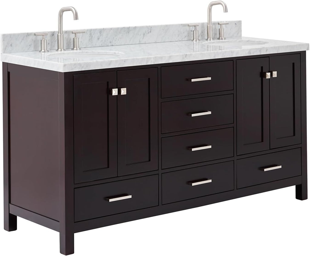 ARIEL Cambridge 66-inch Bathroom Vanity with Sink,Solid Wood, 1.5-inch Italian Carrara Marble Countertop & Backsplash, Double Oval Porcelain Sink, 4 Soft Closing Doors, 6 Dovetail Drawers, Espresso
