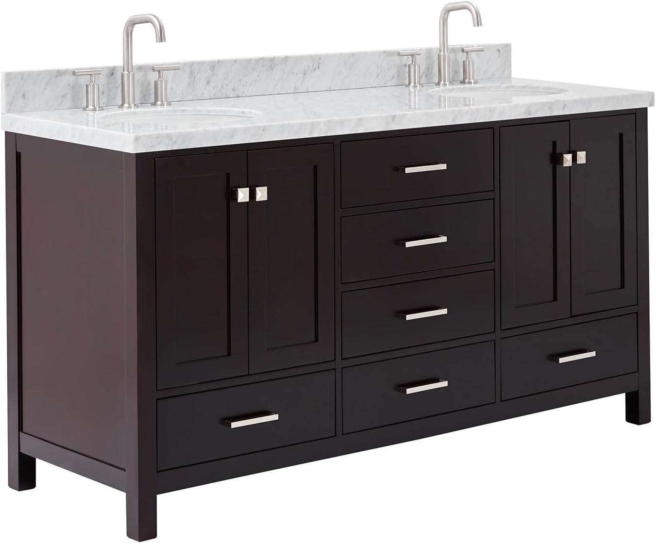 ARIEL Cambridge 66-inch Bathroom Vanity with Sink,Solid Wood, 1.5-inch Italian Carrara Marble Countertop & Backsplash, Double Oval Porcelain Sink, 4 Soft Closing Doors, 6 Dovetail Drawers, Espresso