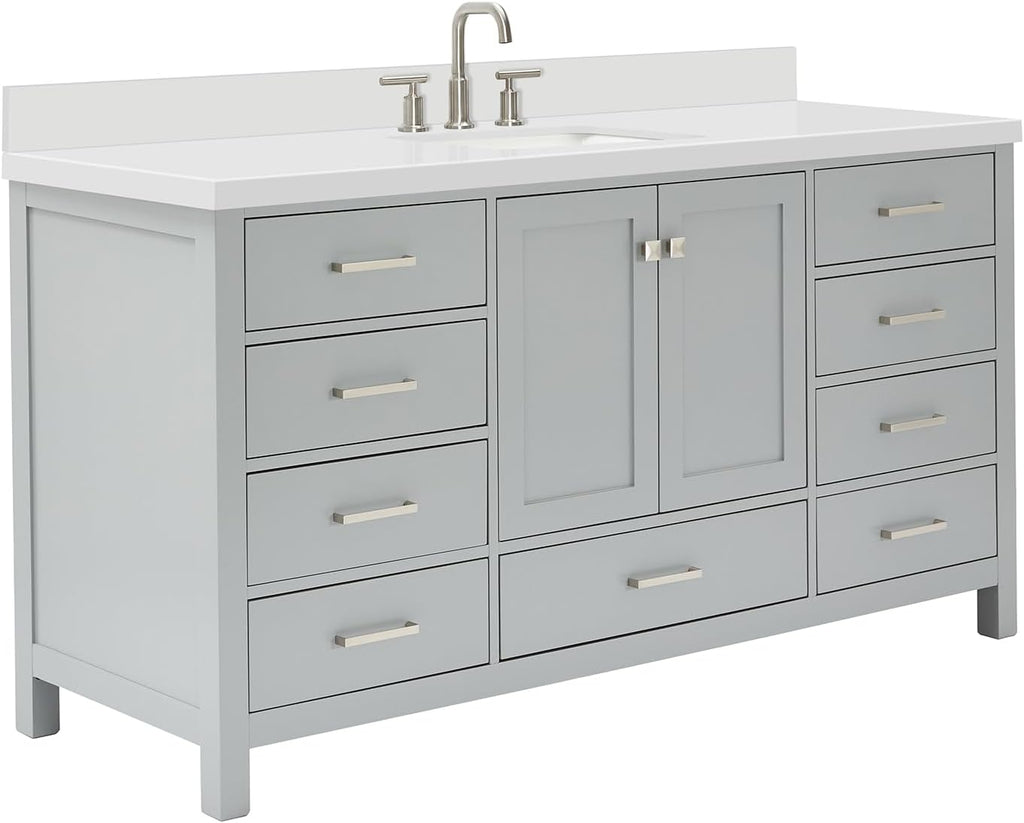 ARIEL Cambridge 66-inch Bathroom Vanity with Sink,Solid Wood, 1.5-inch Pure White Quartz Countertop & Backsplash, Single Rectangular Porcelain Sink, 2 Soft Closing Doors, 9 Dovetail Drawers, Grey