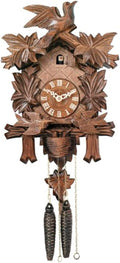 One Day Cuckoo Clock with Carved Maple Leaves and Moving Birds, Hand-Painted Flowers, 13-Inch Tall