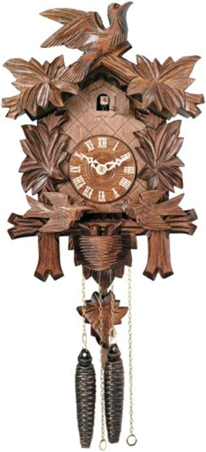 One Day Cuckoo Clock with Carved Maple Leaves and Moving Birds, Hand-Painted Flowers, 13-Inch Tall