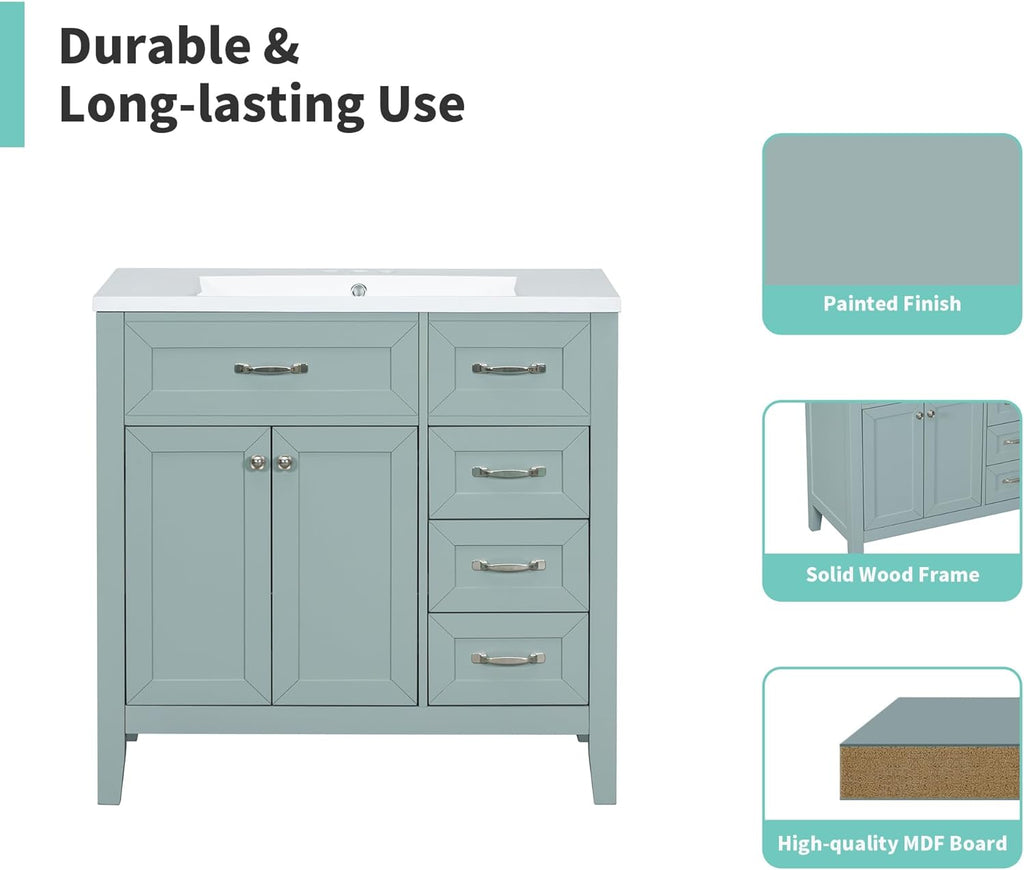 36' Bathroom Vanities with Sink Combo, Wood Modern White Bathroom Sink Cabinet with Soft Closing 3 Drawers and Doors, Freestanding Set