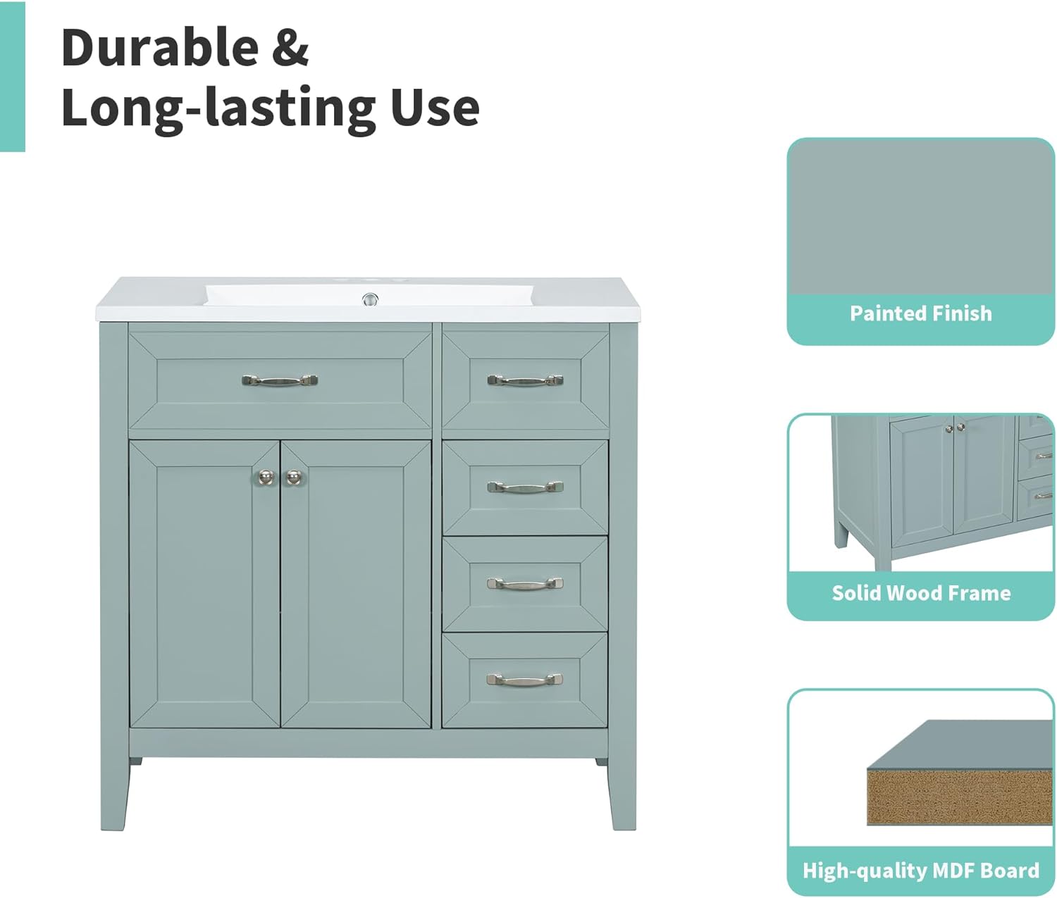 36' Bathroom Vanities with Sink Combo, Wood Modern White Bathroom Sink Cabinet with Soft Closing 3 Drawers and Doors, Freestanding Set