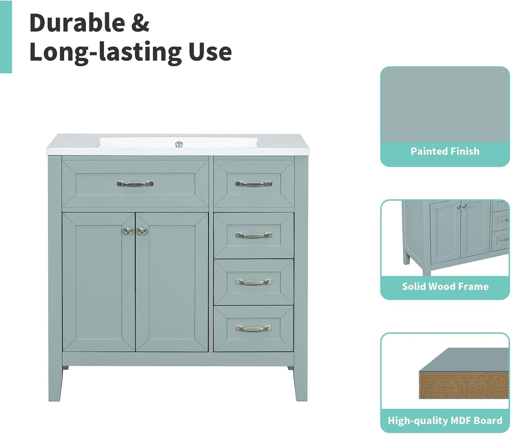 36' Bathroom Vanity with Sink Combo, Bathroom Cabinet with Drawers, Solid Frame and MDF Board,Green
