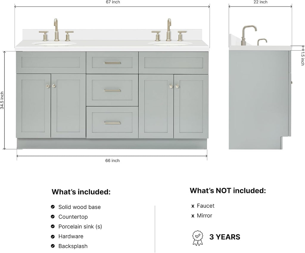 DKB Bradford 66' Grey Double Bathroom Vanity with Sink, Pure White 1.5' Quartz Countertop, Double Oval Sinks, 2 Soft Closing Doors, 3 Full Extension Dovetail Drawers