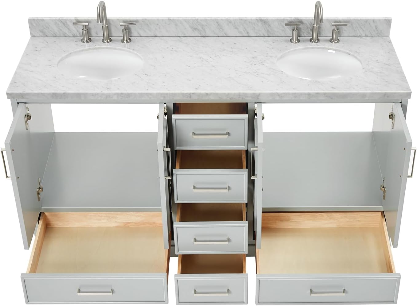 ARIEL Stafford 60-inch Bathroom Vanity with Sink,Solid Wood, 1.5-inch Italian Carrara Marble Countertop & Backsplash, Double Oval Porcelain Sink, 4 Soft Closing Doors, 6 Dovetail Drawers, Grey