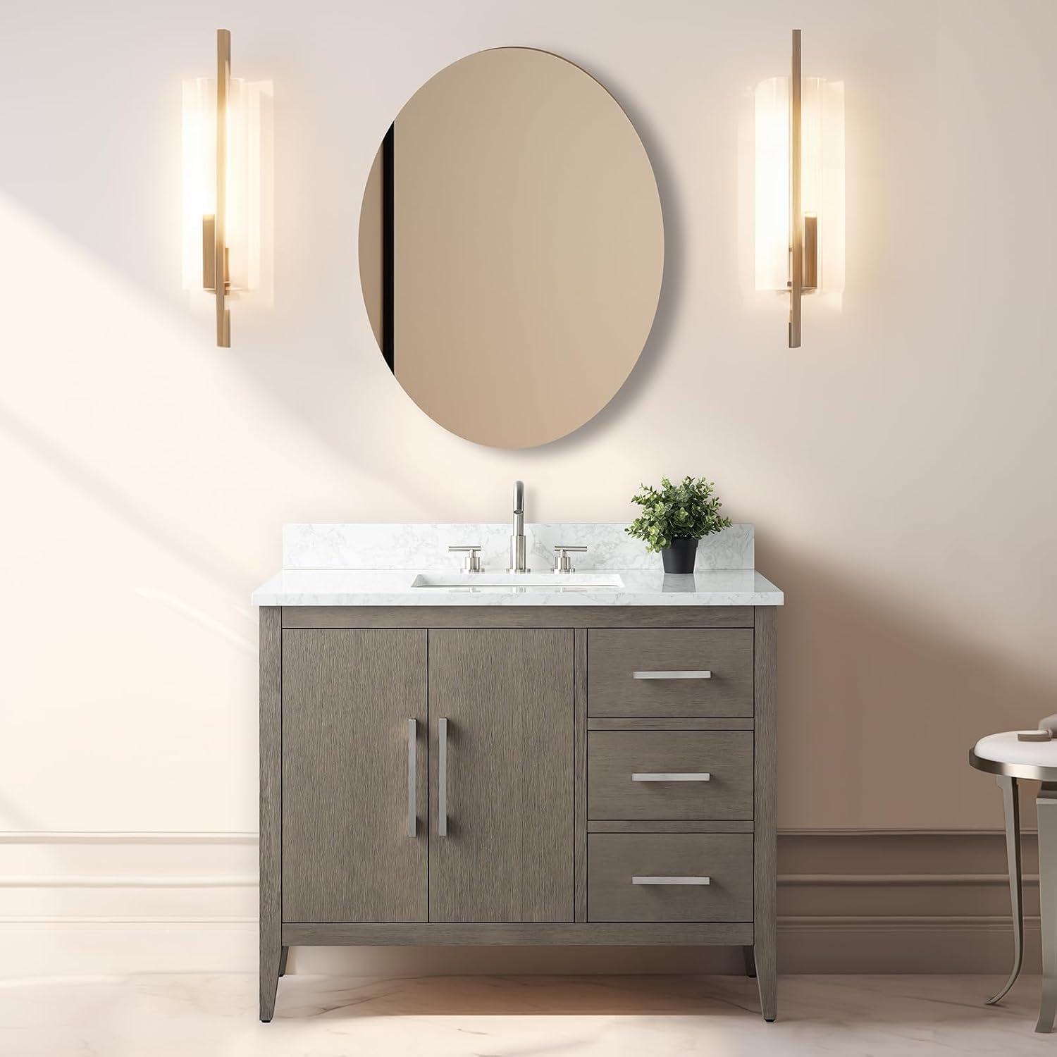 Vanity Art 42 inch Bathroom Vanity with Single Sink & Ceramic Top, Vanity Cabinet with Soft-Closing Doors, Drawers, Solid Wood Frame, Driftwood Gray, Brushed Nickle Handware