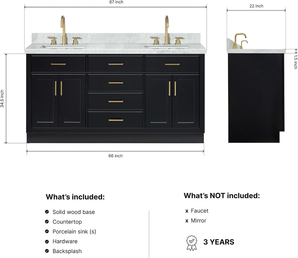 ARIEL Hepburn 66-inch Bathroom Vanity with Sink,Solid Wood, 1.5-inch Italian Carrara Marble Countertop, Double Rectangular Porcelain Sink, 4 Soft Closing Doors, 6 Dovetail Drawers, Black
