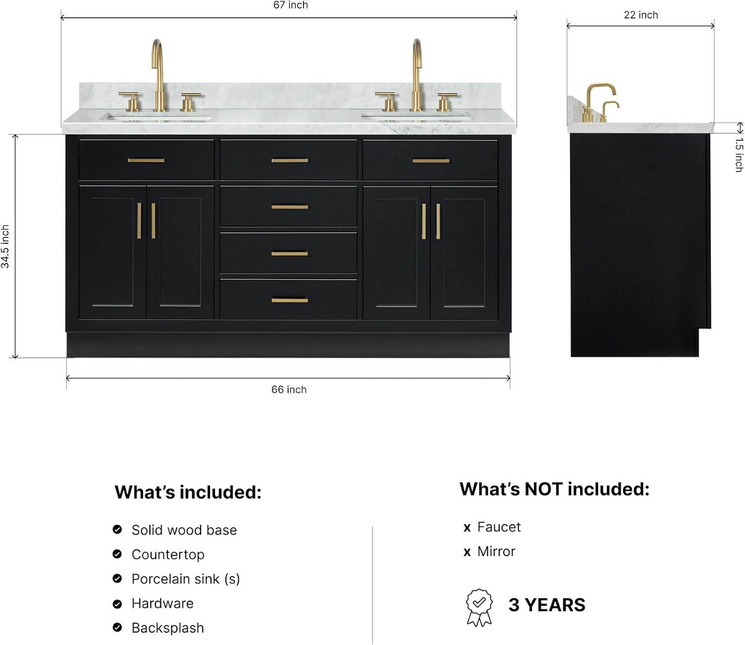 ARIEL Hepburn 66-inch Bathroom Vanity with Sink,Solid Wood, 1.5-inch Italian Carrara Marble Countertop, Double Rectangular Porcelain Sink, 4 Soft Closing Doors, 6 Dovetail Drawers, Black