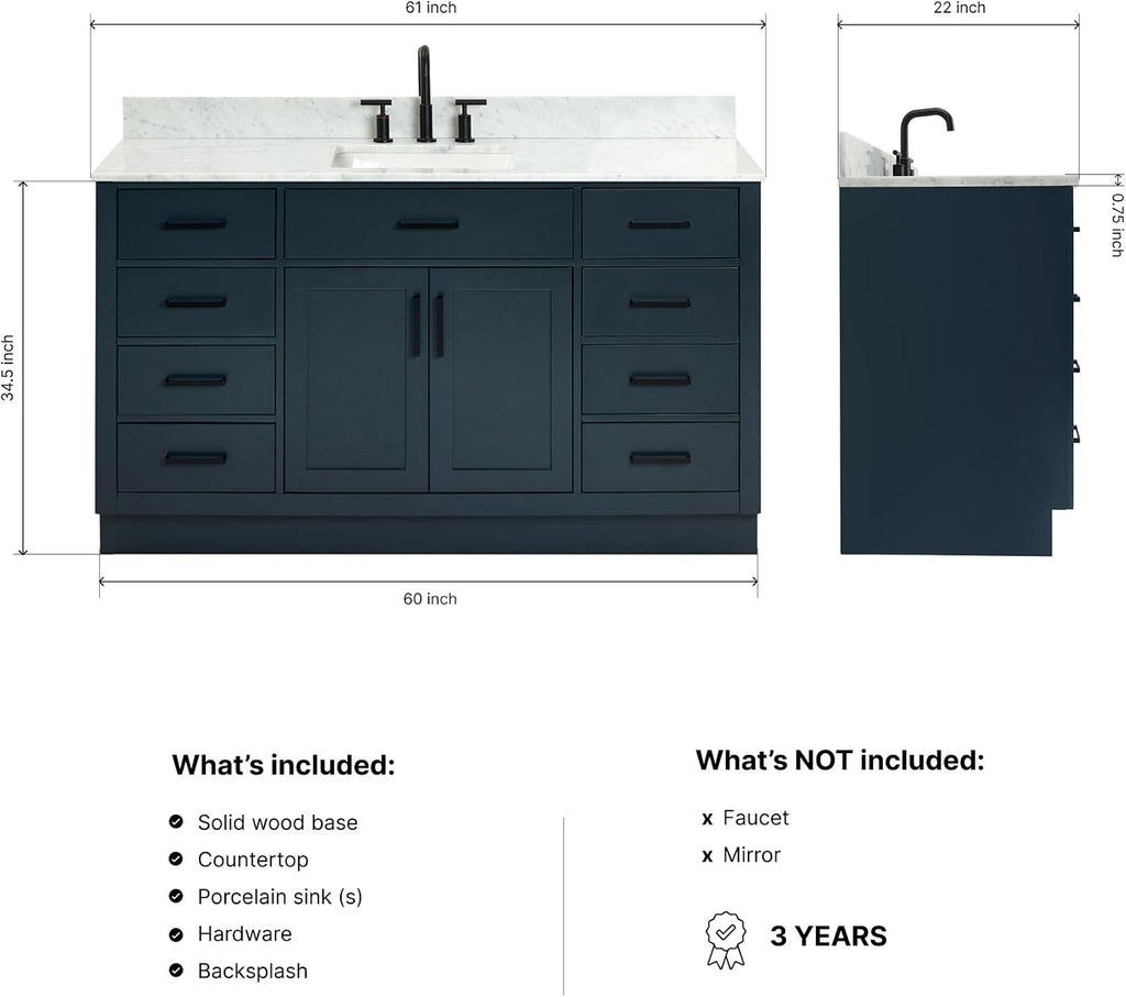 ARIEL Hepburn 60-inch Bathroom Vanity with Sink,Solid Wood, 0.75-inch Italian Carrara Marble Countertop, Single Rectangular Porcelain Sink, 2 Soft Closing Doors, 9 Dovetail Drawers, Midnight Blue
