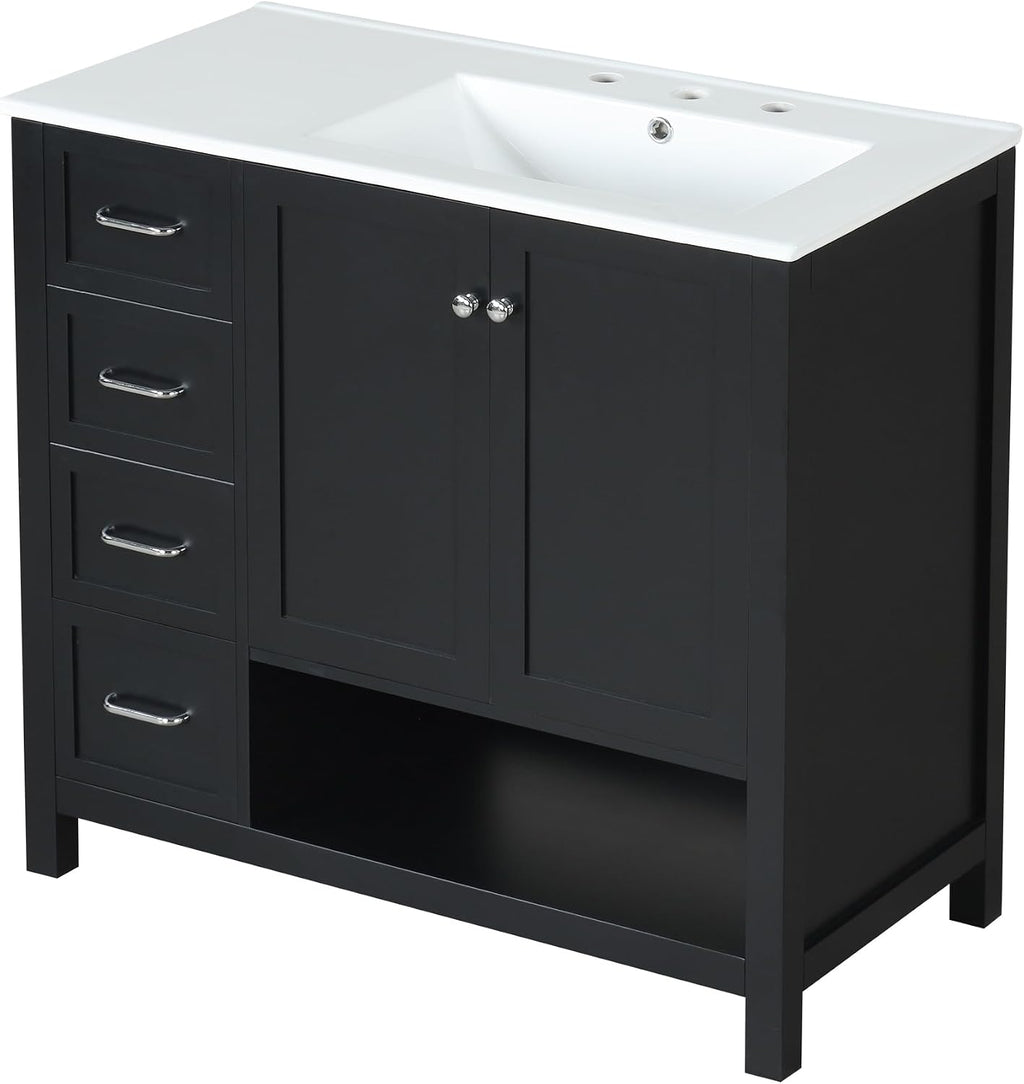 LUMISOL 36 Inch Bathroom Vanity with Sink, Black Freestanding Bathroom Vanity Cabinet with Ceramic Top, 2 Soft-Close Drawers, Open Storage Shelf & Single Offset Sink, Black