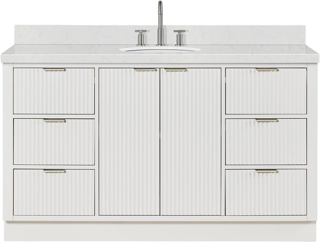 ARIEL Milan 60-inch Bathroom Vanity with Sink,Solid Wood, 1.5-inch Carrara White Quartz Countertop & Backsplash, Single Oval Porcelain Sink, 2 Soft Closing Doors, 6 Dovetail Drawers, Warm White
