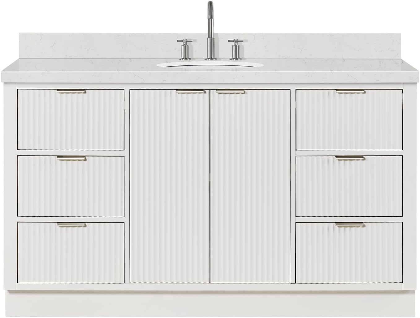 ARIEL Milan 60-inch Bathroom Vanity with Sink,Solid Wood, 1.5-inch Carrara White Quartz Countertop & Backsplash, Single Oval Porcelain Sink, 2 Soft Closing Doors, 6 Dovetail Drawers, Warm White