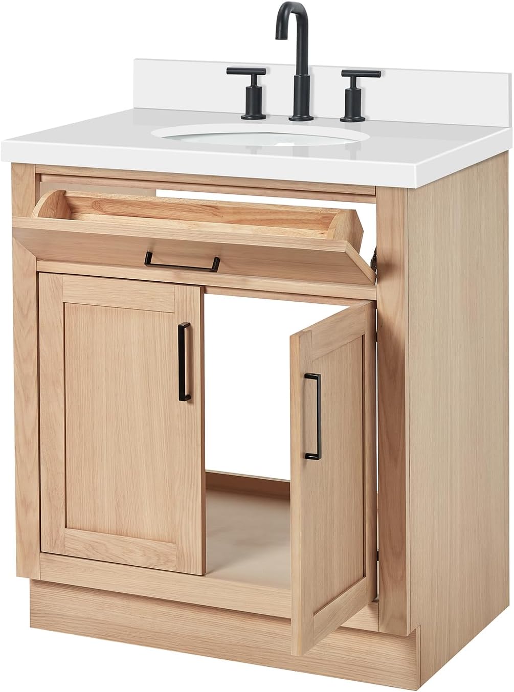 ARIEL Hepburn 30-inch Bathroom Vanity with Sink,Solid Wood, 1.5-inch Pure White Quartz Countertop & Backsplash, Single Oval Porcelain Sink, 2 Soft Closing Doors, 1 Dovetail Drawers, White Oak