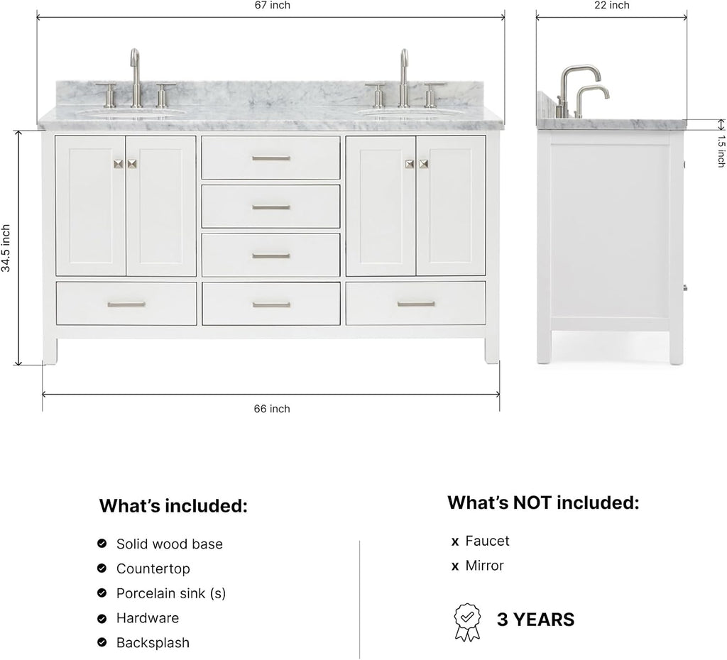 ARIEL Cambridge 66-inch Bathroom Vanity with Sink,Solid Wood, 1.5-inch Italian Carrara Marble Countertop & Backsplash, Double Oval Porcelain Sink, 4 Soft Closing Doors, 6 Dovetail Drawers, White