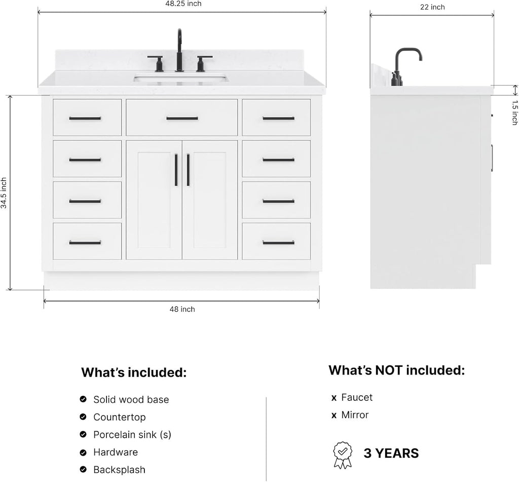ARIEL Hepburn 48-inch Bathroom Vanity with Sink,Solid Wood, 1.5-inch Carrara White Quartz Countertop & Backsplash, Single Rectangular Porcelain Sink, 2 Soft Closing Doors, 9 Dovetail Drawers, White