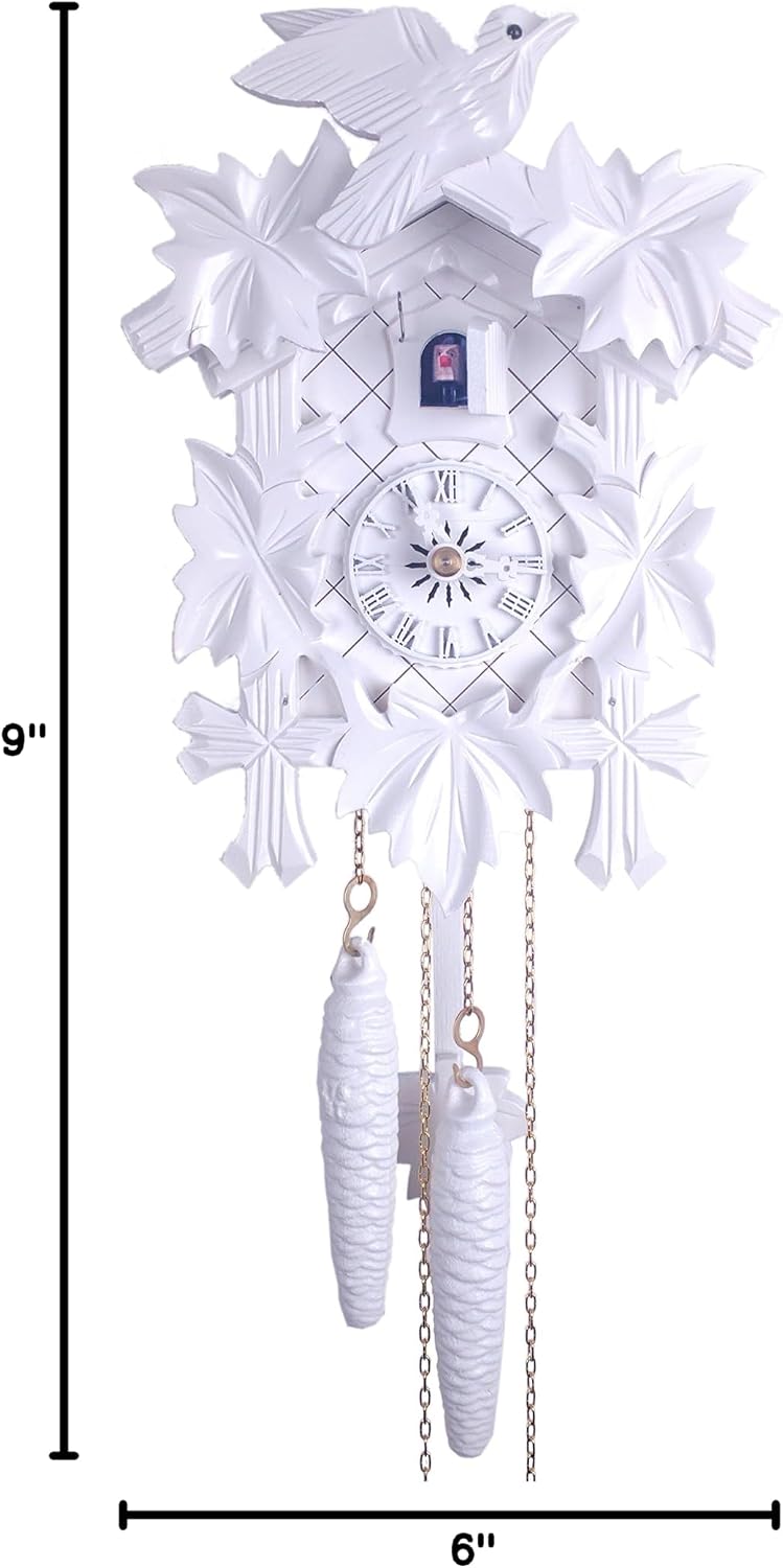 11-09W White One Day Cuckoo Clock with Five Leaves, One Bird
