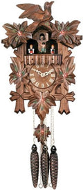 One Day Musical Cuckoo Clock with Dancers, Five Hand-Carved Maple Leaves, One Bird, and Hand-Painted Flowers - 14 Inches Tall - Model # MD411-14P