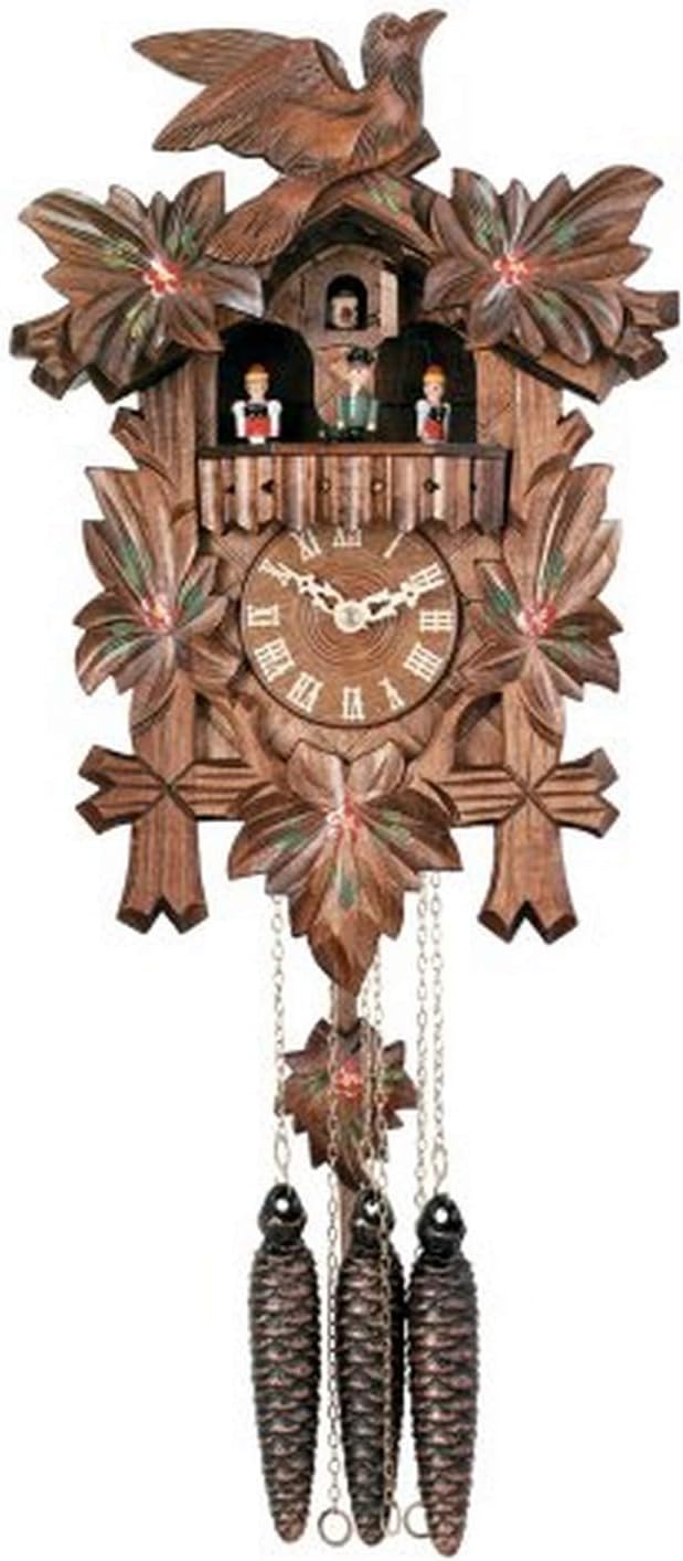 One Day Musical Cuckoo Clock with Dancers, Five Hand-Carved Maple Leaves, One Bird, and Hand-Painted Flowers - 14 Inches Tall - Model # MD411-14P