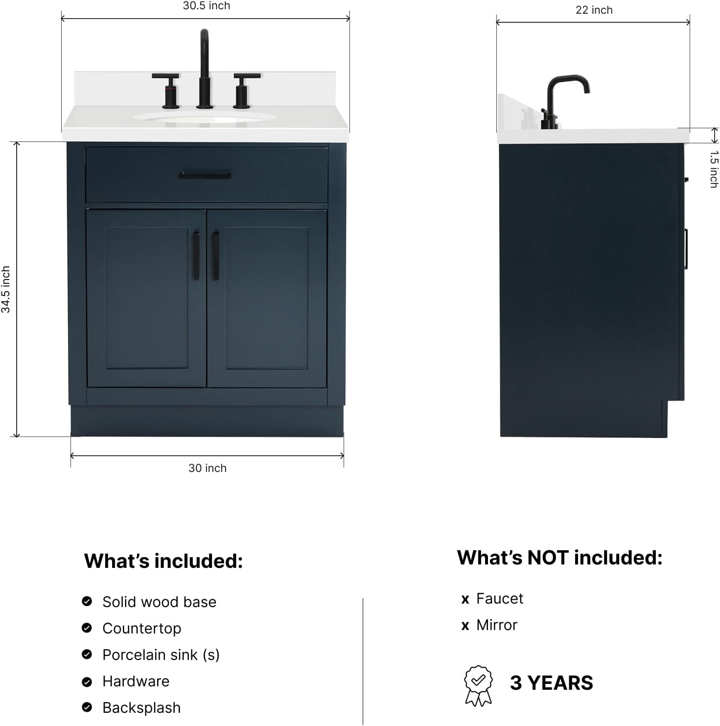 ARIEL Hepburn 30-inch Bathroom Vanity with Sink,Solid Wood, 1.5-inch Pure White Quartz Countertop & Backsplash, Single Oval Porcelain Sink, 2 Soft Closing Doors, 1 Dovetail Drawers, Midnight Blue