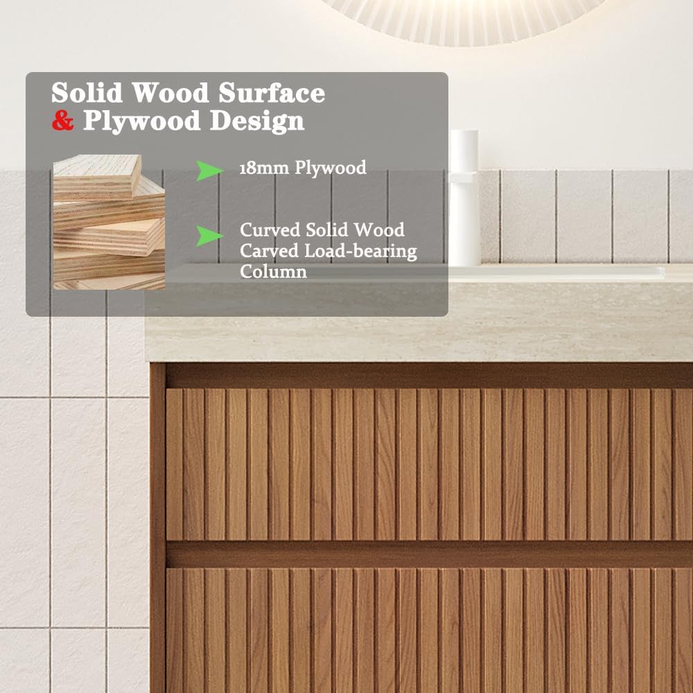 30' Bathroom Vanity with Sink, Modern Bathroom Floating Vanity with Travertine-Pattern Sintered Stone Top & Ceramic Undermount Basin, Pre-Assembled W/2 Drawers, Espresso