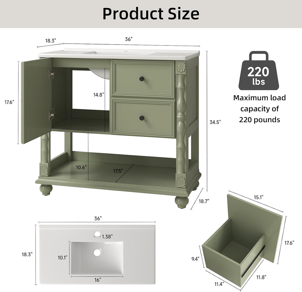 ONBRILL 36' Bathroom Vanity with Sink Combo, Modern Bathroom Vanities with Open Storage Shelf, 4 Solid Legs, Drawer, Door, Ceramic Integrated Sink, Freestanding Bath Storage Cabinet (Green)