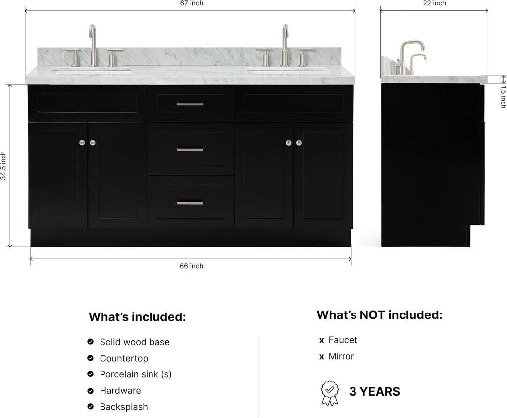 ARIEL Hamlet 66-inch Bathroom Vanity with Sink,Solid Wood, 1.5-inch Italian Carrara Marble Countertop, Double Rectangular Porcelain Sink, 4 Soft Closing Doors, 3 Dovetail Drawers, Black