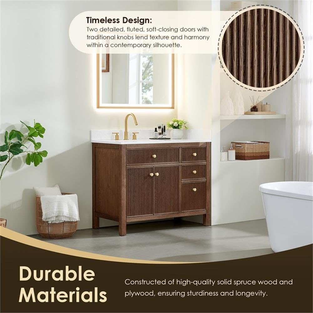 Pemberly Row 42' Bathroom Vanity, Solid Spruce Wood Cabinet, Grain Stone Countertop, Brown Oak Finish, 2 Fluted Doors, 4 Drawers, Ceramic Sink, Brushed Gold Hardware, Contemporary Style