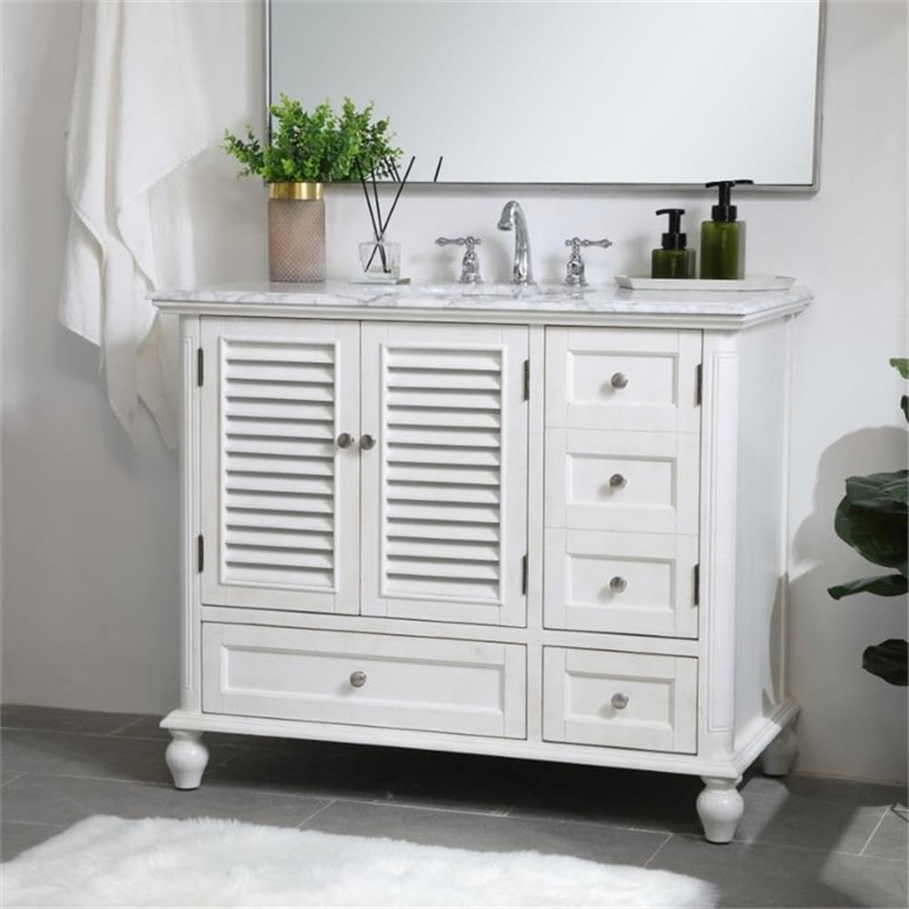 Pemberly Row 42' Single Bathroom Vanity, Antique White Finish, Solid Wood and MDF Base, Carrara White Marble Top, Porcelain Undermount Sink, 2 Drawers and 3 Doors, Freestanding for Bathroom Use