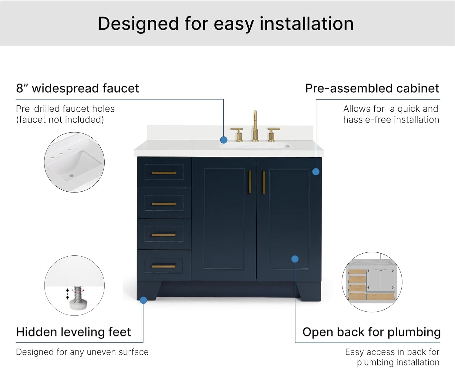 ARIEL Taylor 42-inch Bathroom Vanity with Sink,Solid Wood, 1.5-inch Pure White Quartz Countertop, Single Rectangular Porcelain Sink, 2 Soft Closing Doors, 5 Dovetail Drawers, Midnight Blue