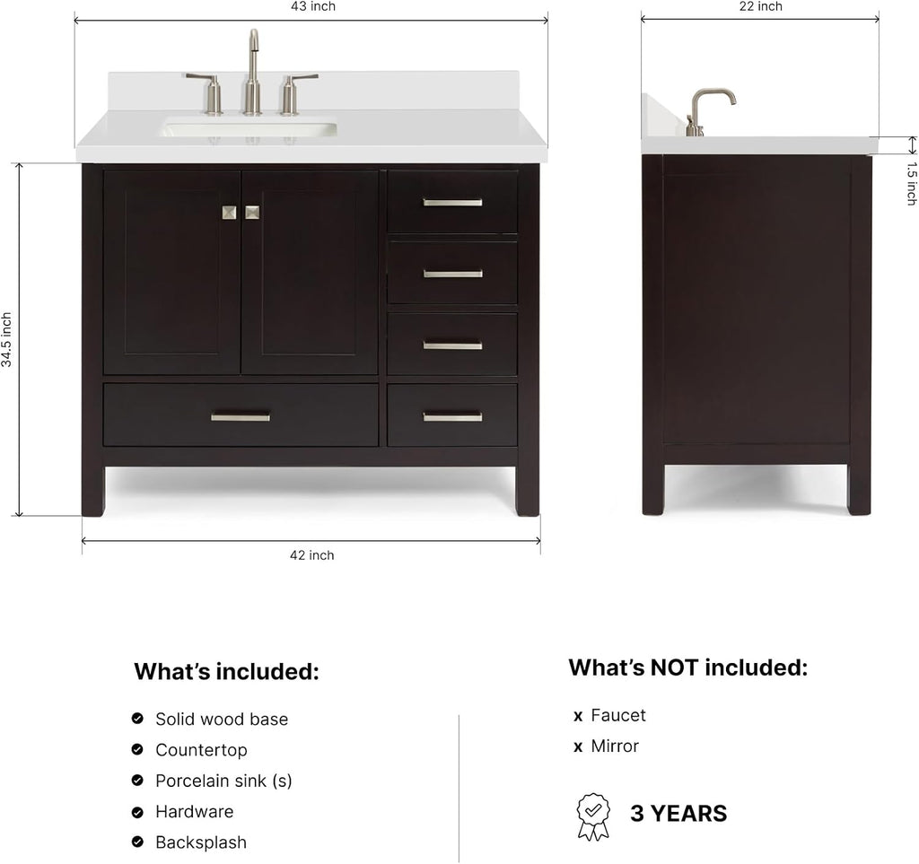 DKB Beckford 42-Inch Espresso Bathroom Vanity with Sink, Solid Wood Frame, Pure White Quartz Countertop 1.5' Edge, Left Rectangular Undermount Sink, 2 Soft Closing Doors, 5 Full Extension Drawers