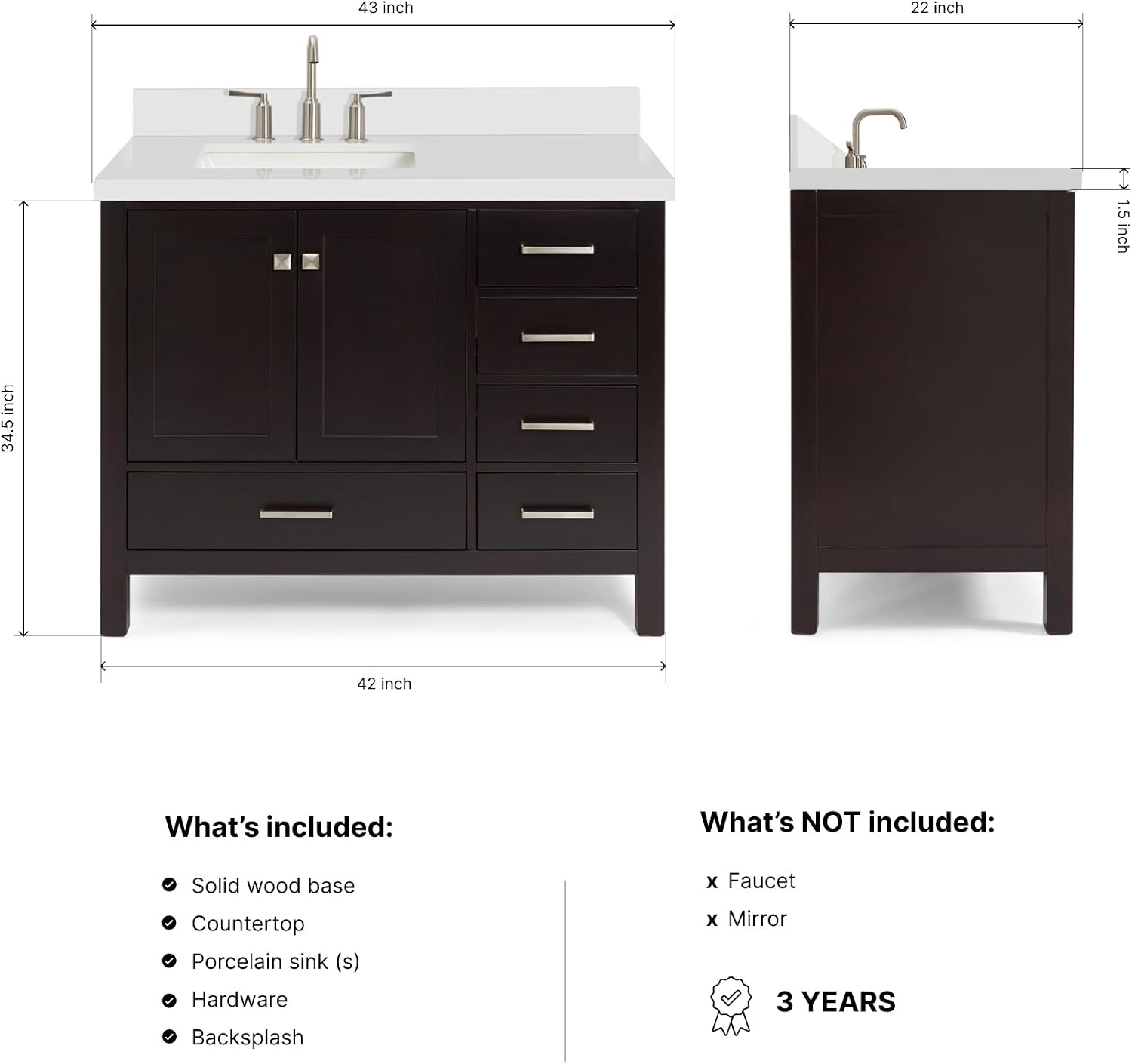 DKB Beckford 42-Inch Espresso Bathroom Vanity with Sink, Solid Wood Frame, Pure White Quartz Countertop 1.5' Edge, Left Rectangular Undermount Sink, 2 Soft Closing Doors, 5 Full Extension Drawers