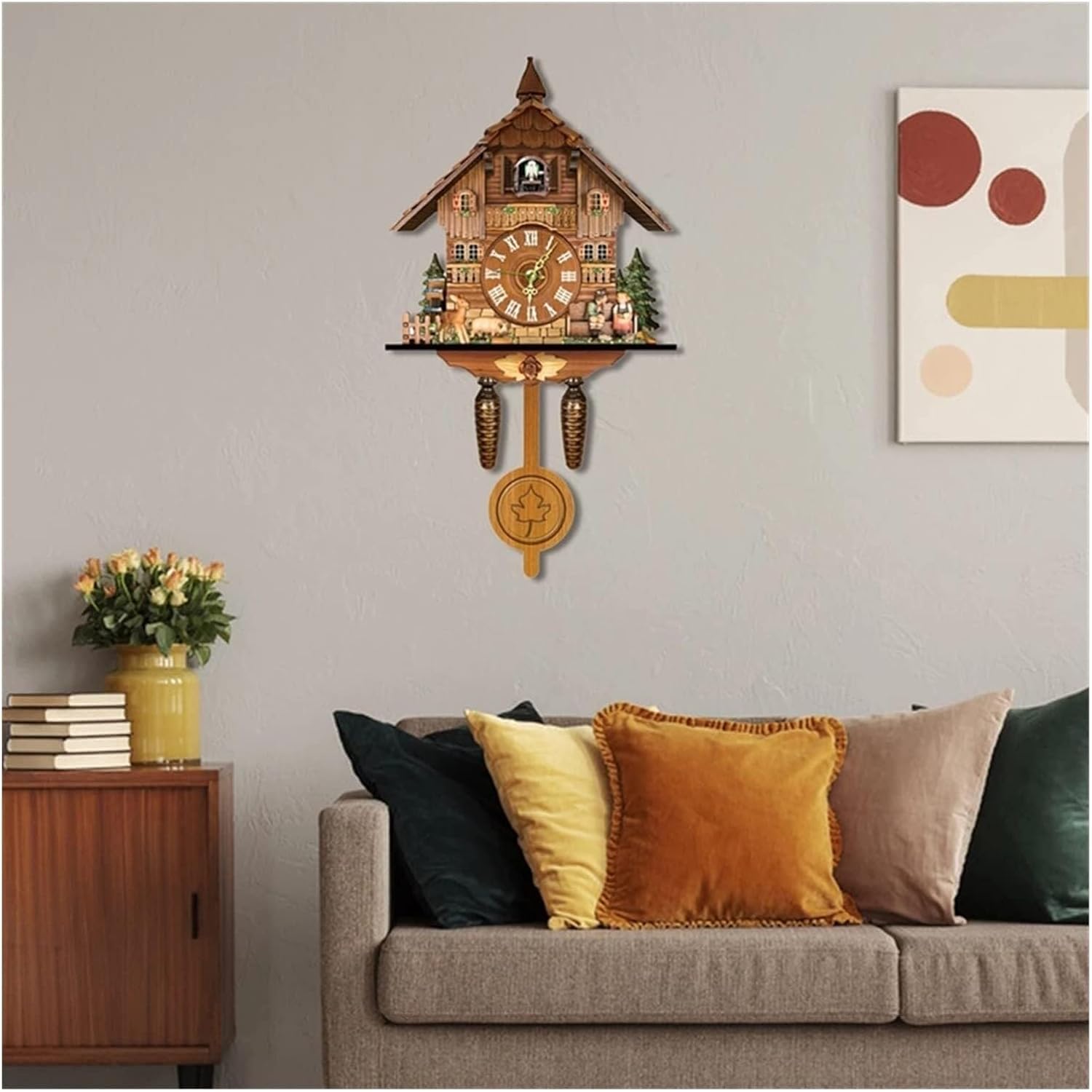 Retro Cuckoo Clock, Wooden Black Forest Style Wall Clock with Alarm, Hand-Carved Forest Animals & Figurines, Home Decor for Living Room, Bedroom, and Kids' Room – 25 x 10 x 46 cm