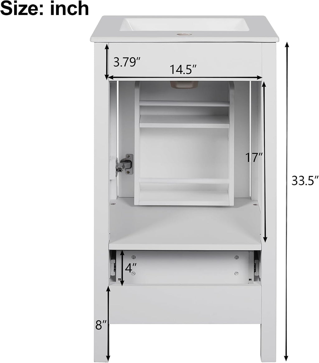 VilroCaz Modern 18'' Bathroom Vanity with Top Sink, Freestanding Bathroom Storage Cabinet with Door and Divider Drawer, Single Sink Cabinet with Adjustable Plastic Foot Pads (White+1 Drawer)