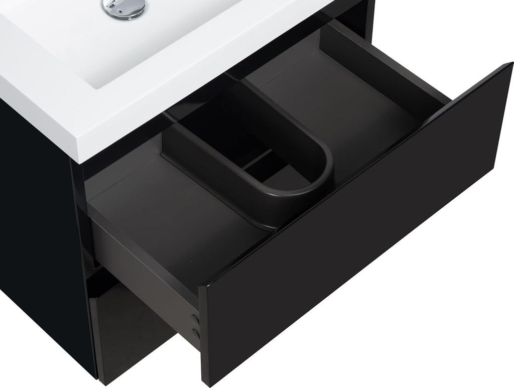 Neftis 24-Inch Floating Vanity with Sink, Pre-Assembled Modern Bathroom Vanity Sink Combo with Storage, Soft-Closing Drawers, One-piece Countertop White Resin Sink, Glossy Black Vanity for Bathroom